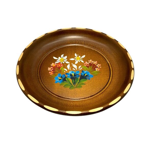Vtg Boho Swiss Hand-Painted Floral Flowers Toole Design Wooded Dish 7" MCM Tray - Picture 9 of 9